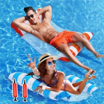 EPCHOO Aufblasbares Luftmatratze Pool, 2 Pack 4-in-1 aufblasbare Wasserhängematte mit Luftpumpe, schwimmender Stuhl Bett Pool Liege für Schwimmbad, Strand, Wasserlounge Party Spielzeug (Blau&Orange)