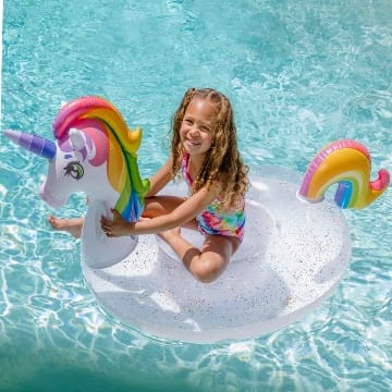 JOYIN aufblasbare Einhorn Pool Float mit Glitzern, Spaß Strand Floaties, Ride On Einhorn Floß, Pool Spielzeug, Sommer Party Lounge Floß Dekorationen für Kinder 175cm x 75cm x 85cm